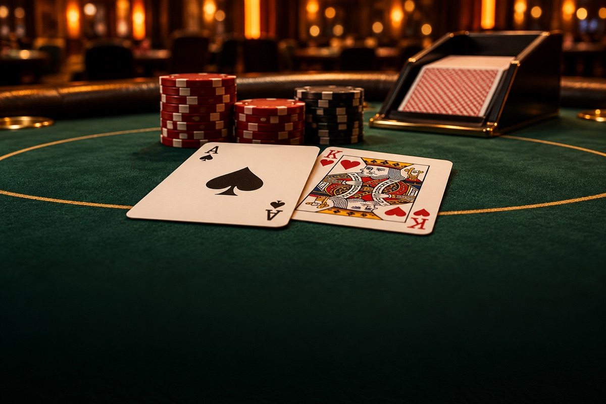 Ilustração de cartas e fichas em uma mesa de blackjack